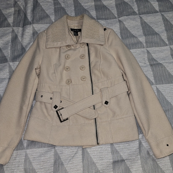 What's Hot Womens Beige Wool Blend Belted Full-Zip Studed PeaCoat Size: X-Large - Picture 1 of 10